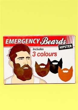 Everyone needs an emergency beard in their lives! For when you bump into your ex in the supermarket and need a quick disguise. For that last-minute fancy-dress party invite. And for when you want a hipster full beard aesthetic immediately but don't have the time (or the ability) to grow it yourself. Really, you should never leave the house without one on your person! <br /><br />This hilarious, novelty gift includes 3 emergency false beards in 3 different hair colours to match whatever vibe you&rsquo;re going for. No sticky adhesive required as these come with an elastic band attached for a quick and easy disguise on the go!